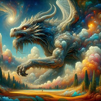 Primary subject: A dragon with a human figure in the foreground.

Setting/background: A forest with a sky background.

Visual style: Digital art.

Colors and mood: The dragon is blue and white, while the human figure is in red. The overall atmosphere is surreal and fantastical.